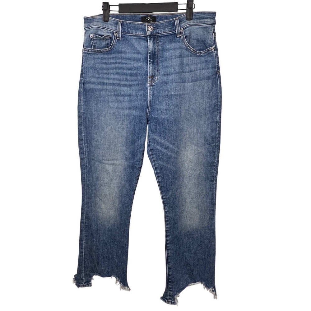 7 For All Mankind Blue High Waist Slim Kick Raw Hem Jeans Women 32